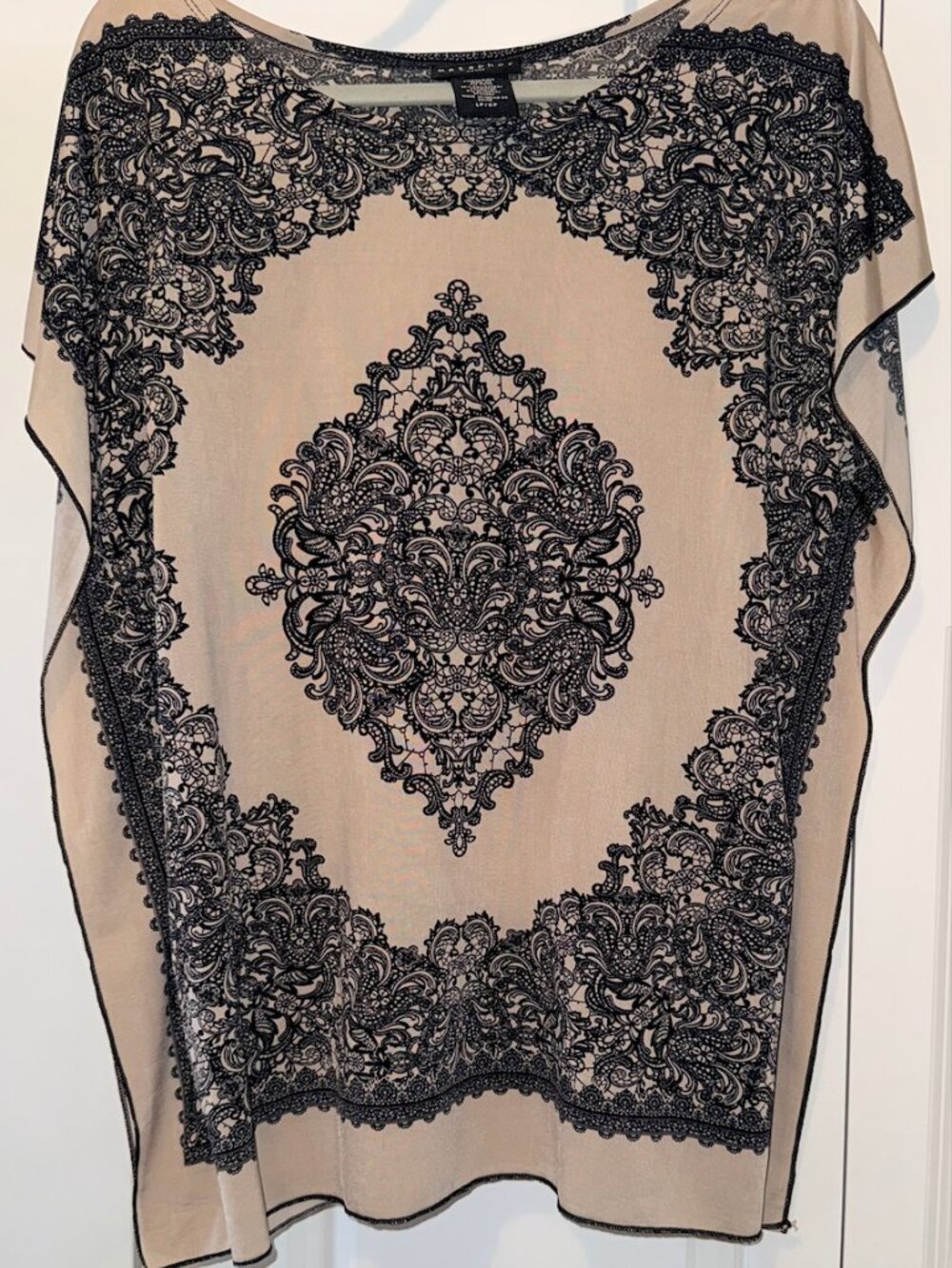Metaphor  Beige Black Ornate Print Poncho Blouse Large Petite Flowy Top